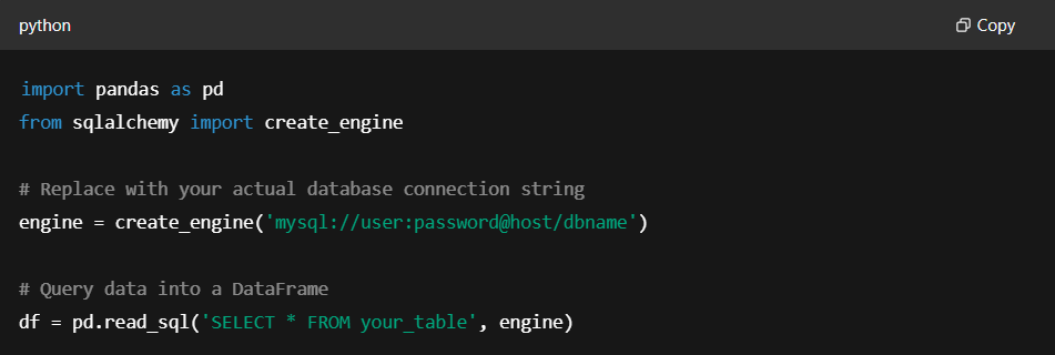 Importing SQL data into Pandas using SQLAlchemy.
