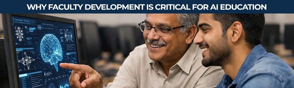 A professor mentoring a student on AI tools, showcasing the importance of faculty training for AI education in bridging the digital divide.