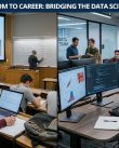 bridge connecting classroom learning to data science cubicle jobs, symbolizing placement support.