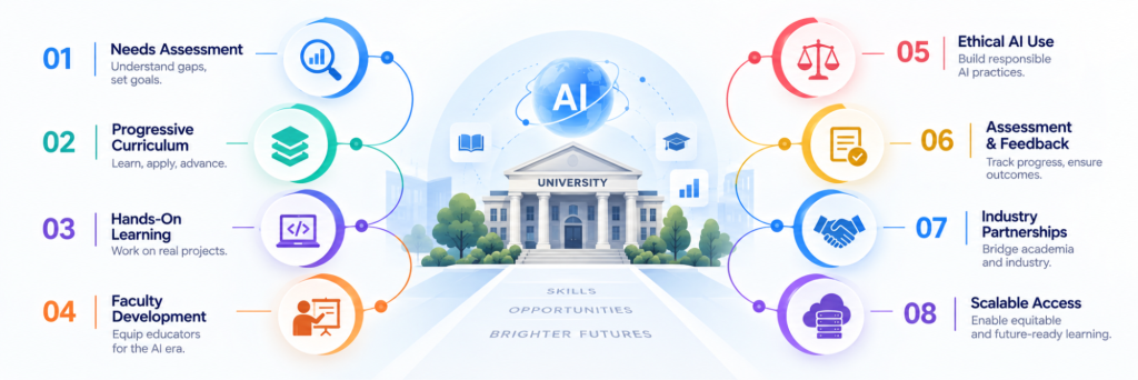 Infographic showing eight components of successful AI training programs in higher education