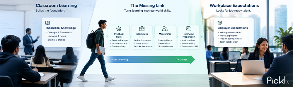 Visual showing the gap between theoretical classroom learning and practical workplace skills without internship experience.